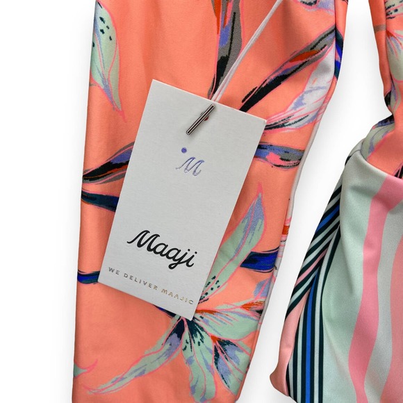 Maaji Long Sleeve One Piece Swimsuit Reversible Stripes and Floral Coral Pink - Picture 6 of 9